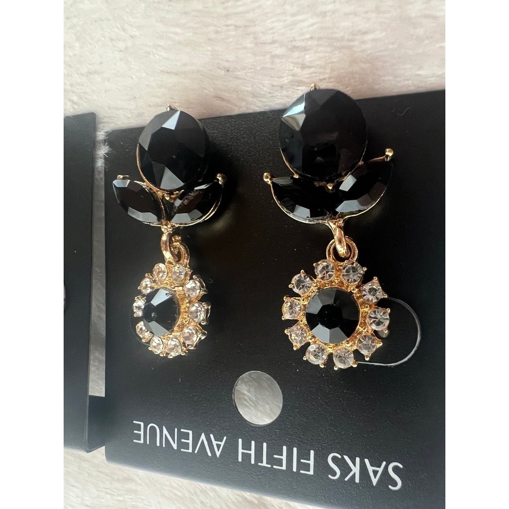 Saks Fifth Avenue Earrings 2 Pair Black Gold Crystal Rhinestone NWT Glam Evening - Picture 11 of 13